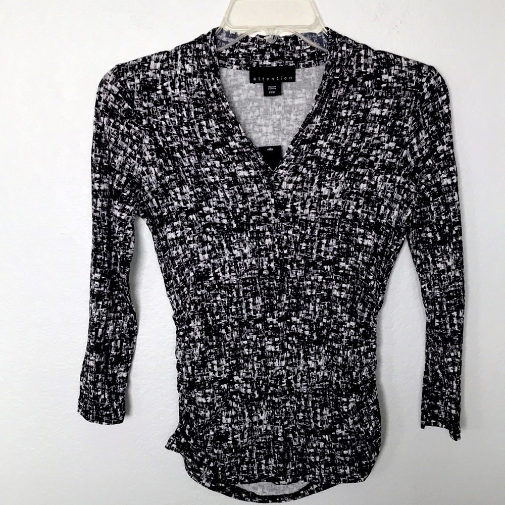 ATTENTION BLACK, WHITE & GREY LONG SLEEVE BLOUSE VERY SOFT SIZE XS